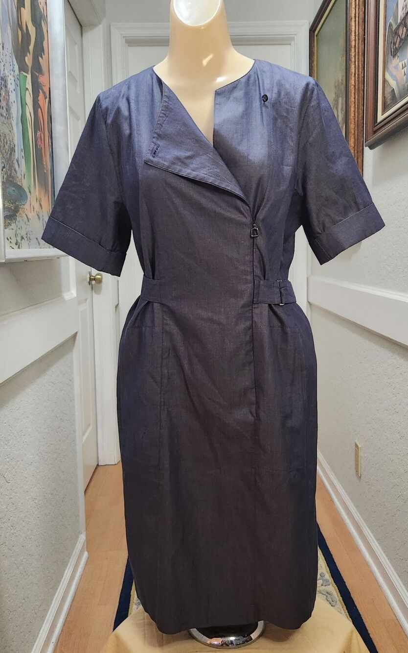 Women’s Akris Shirt Belt Dress Sise US 6 Made In Switzerland 100% Cotton Denim